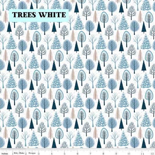 Winter Magic by Dani Mogstad for Riley Blake Designs image features Trees white featuring tiny pine trees dusted with snow. The collection is a cozy, charming fabric line featuring arctic animals, snowy forests, and delicate florals in a palette of navy, aqua, blue, white, and warm tea-dye brown. The collection includes prints of snowflakes, sweaters, and trees, centered around a "everything is magical when it snows" panel