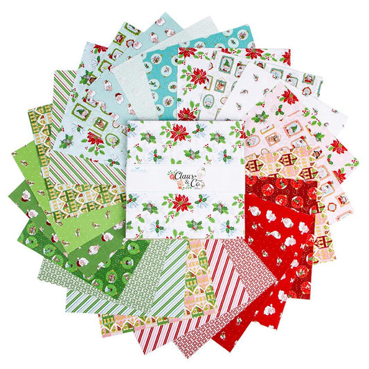 10" inch precut squares, 42 pieces from The Claus & Co. collection by Melissa Mortenson for Riley Blake Designs captures the nostalgic magic of an imagined North Pole. This festive line features whimsical houses, vintage ornaments, poinsettias, and candy canes in a charming storybook color palette.
