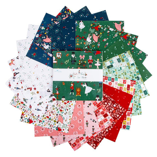 10" precut squares from The Nutcracker Tradition fabric collection is designed by Jennifer Long of Sew A Story for Riley Blake Designs. Inspired by the classic Christmas Eve ballet, this whimsical collection features nostalgic storybook illustrations, holiday motifs, and beloved characters like the Nutcracker, Clara, the Mouse King, and the Sugar Plum Fairy.