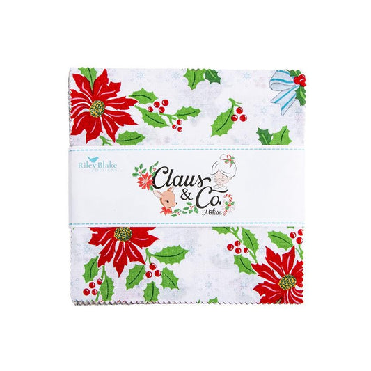 5" inch precut squares, 42 pieces from The Claus & Co. collection by Melissa Mortenson for Riley Blake Designs captures the nostalgic magic of an imagined North Pole. This festive line features whimsical houses, vintage ornaments, poinsettias, and candy canes in a charming storybook color palette.