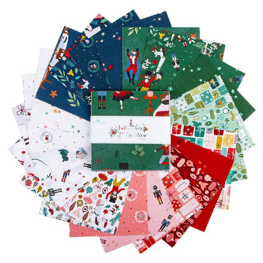 5" charm pack from The Nutcracker Tradition fabric collection is designed by Jennifer Long of Sew A Story for Riley Blake Designs. Inspired by the classic Christmas Eve ballet, this whimsical collection features nostalgic storybook illustrations, holiday motifs, and beloved characters like the Nutcracker, Clara, the Mouse King, and the Sugar Plum Fairy.