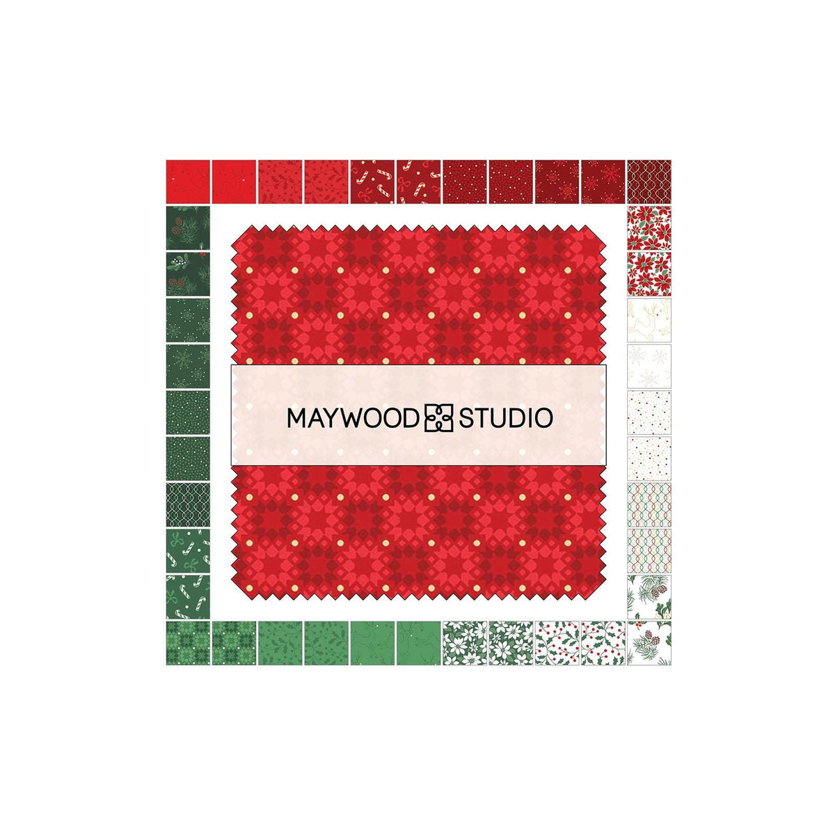 5 inch charm pack includes 42 pieces, patterns repeated from The Merry Mix collection by Maywood Studio, 100% cotton, features a classic Christmas color palette of snow white, berry red, and holly green. It is characterized by nostalgic holiday motifs, prancing reindeer, and florals, all elevated with shimmering metallic gold and silver accent