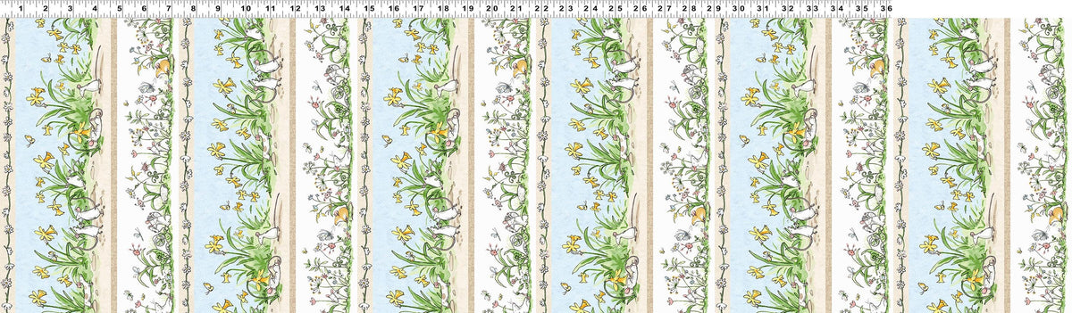 Illustrated cotton fabric of baby mice in a meadow, floral and leaf designs on a white background
