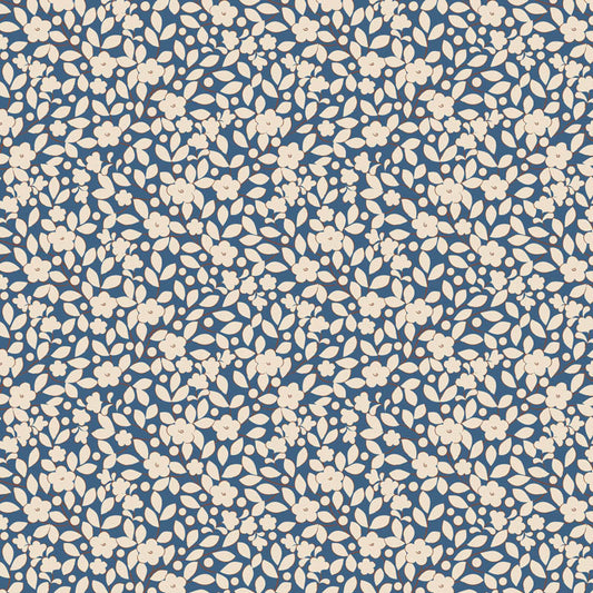 Pattern Avery Blue (130126): A light blue background covered with a delicate "ditsy" floral print from The Tilda "Creating Memories" Summer & Ocean Blues collection is designed by Tone Finnanger, featuring a curated selection of 16 fabrics (a mix of prints and wovens) inspired by the sea and summer days. The collection emphasizes blues, white, and hints of ginger/saffron, characterized by small-scale designs like ditsy flowers, stripes, and dots.