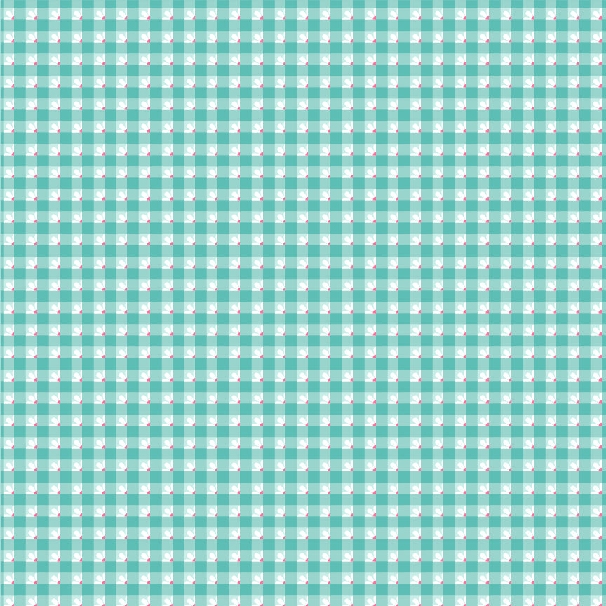 fabric pattern Check-a-Roo: A classic, peppy checkered/gingham pattern. Available in Red, Pink, and Aqua colorways from the The Smitten Chicken collection by Lori Woods for Poppie Cotton is a cheerful, countryside-inspired fabric line. It features a lively color palette of red, pink, aqua, and white. It is ideal for quilts, kitchen projects, tea towels, and aprons