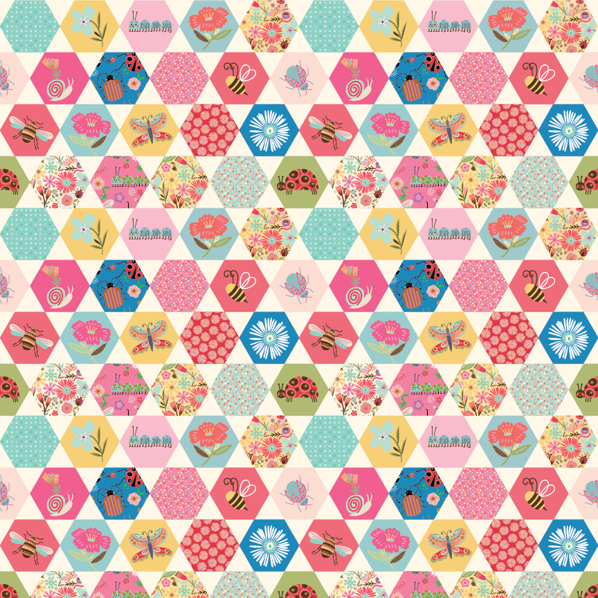 Cotton fabric quilt like print, cheater print, Hexagonal pattern with colorful floral and love bug designs multi colored on a white background