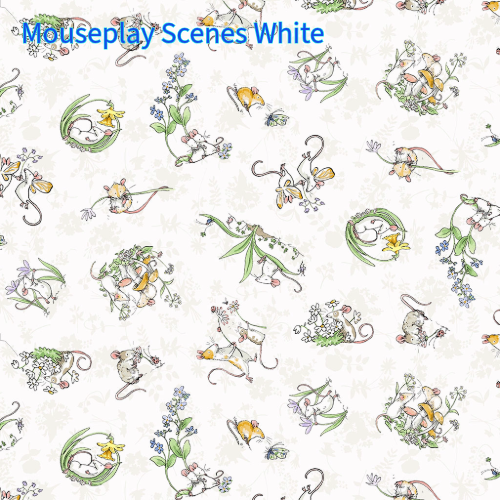 Cotton Fabric Collection Mouseplay pattern is Baby Mice, white background with cartoon mice in playful poses. The mice are in shades of white, tan, and gray, with black outlines..