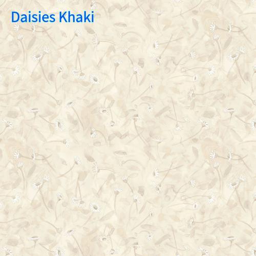 Cotton fabric collection Mouseplay pattern Daisies with khaki background and watercolor like design featuring white daisies with yellow centers and pink accents. Pattern is light and airy