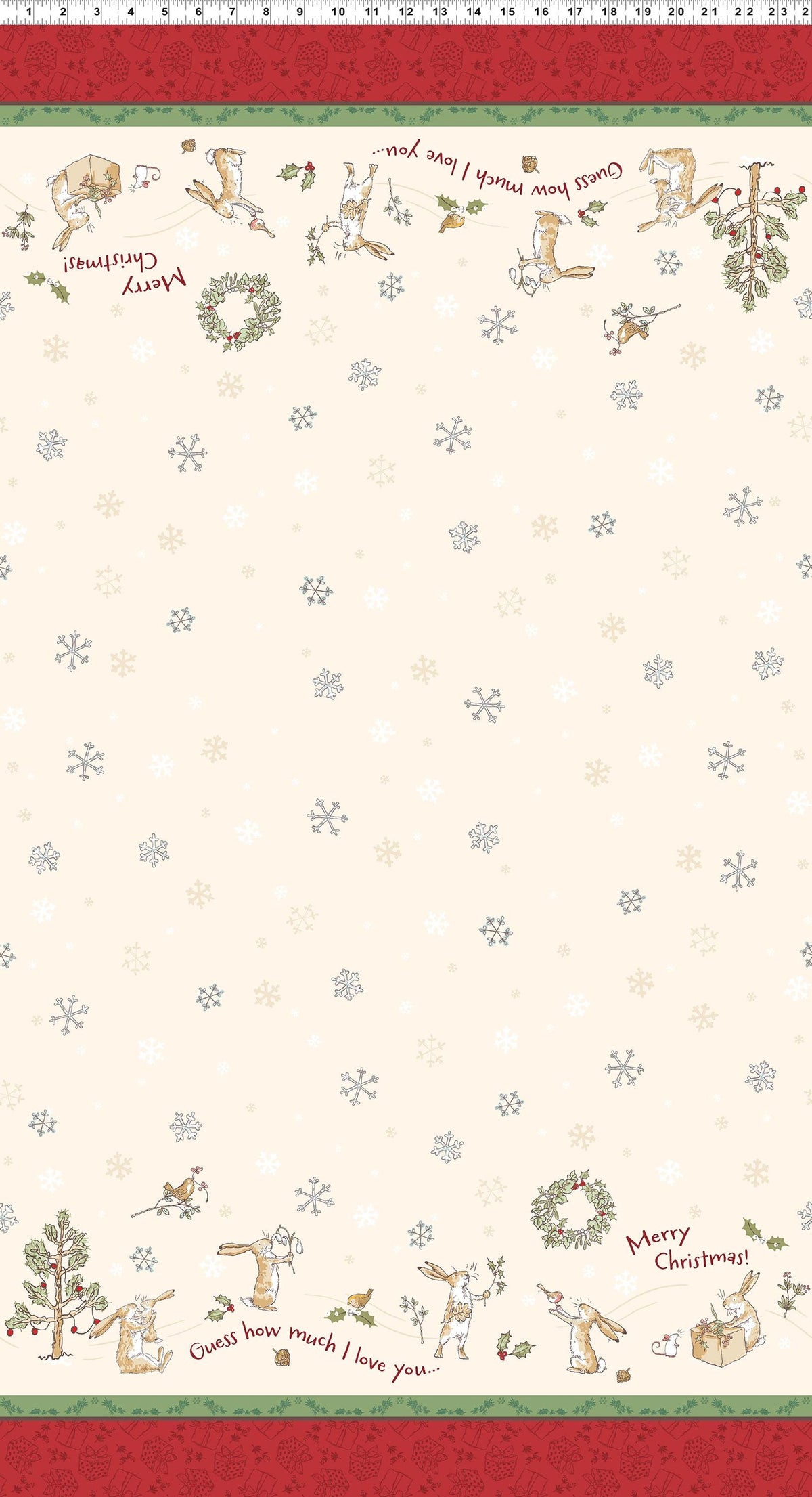 Double Border Cream from The Guess How Much I Love You 2026 fabric collection by Anita Jeram for Clothworks Fabrics features a cozy, Christmas-themed holiday twist. It centers around Big Nutbrown Hare and Little Nutbrown Hare. The collection includes holiday motifs like bunny-snowmen, mistletoe, holly, and winter scenes.