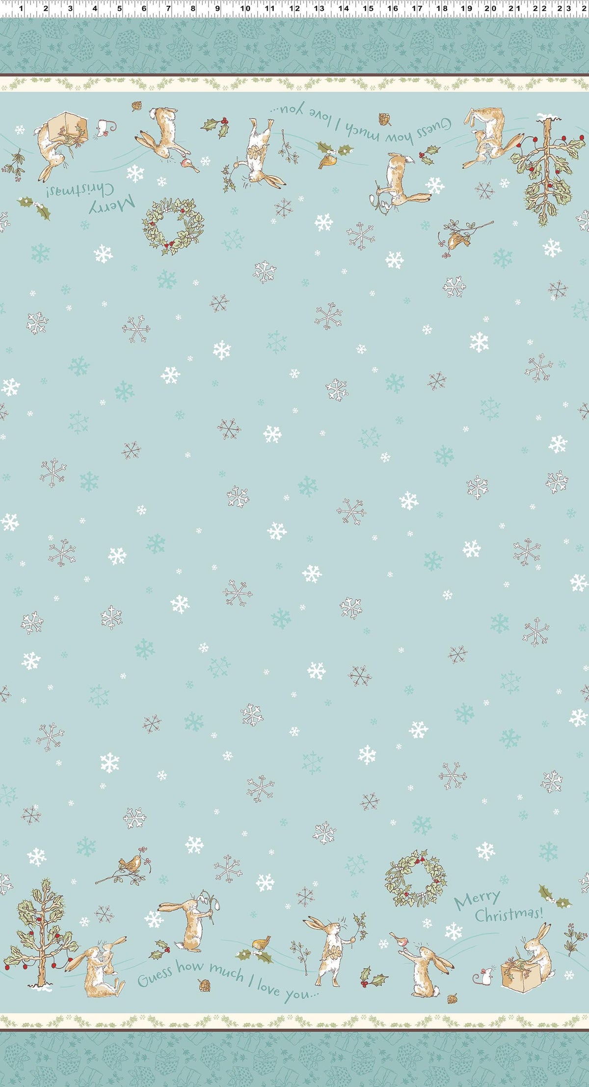 Double Border Teal from The Guess How Much I Love You 2026 fabric collection by Anita Jeram for Clothworks Fabrics features a cozy, Christmas-themed holiday twist. It centers around Big Nutbrown Hare and Little Nutbrown Hare. The collection includes holiday motifs like bunny-snowmen, mistletoe, holly, and winter scenes.