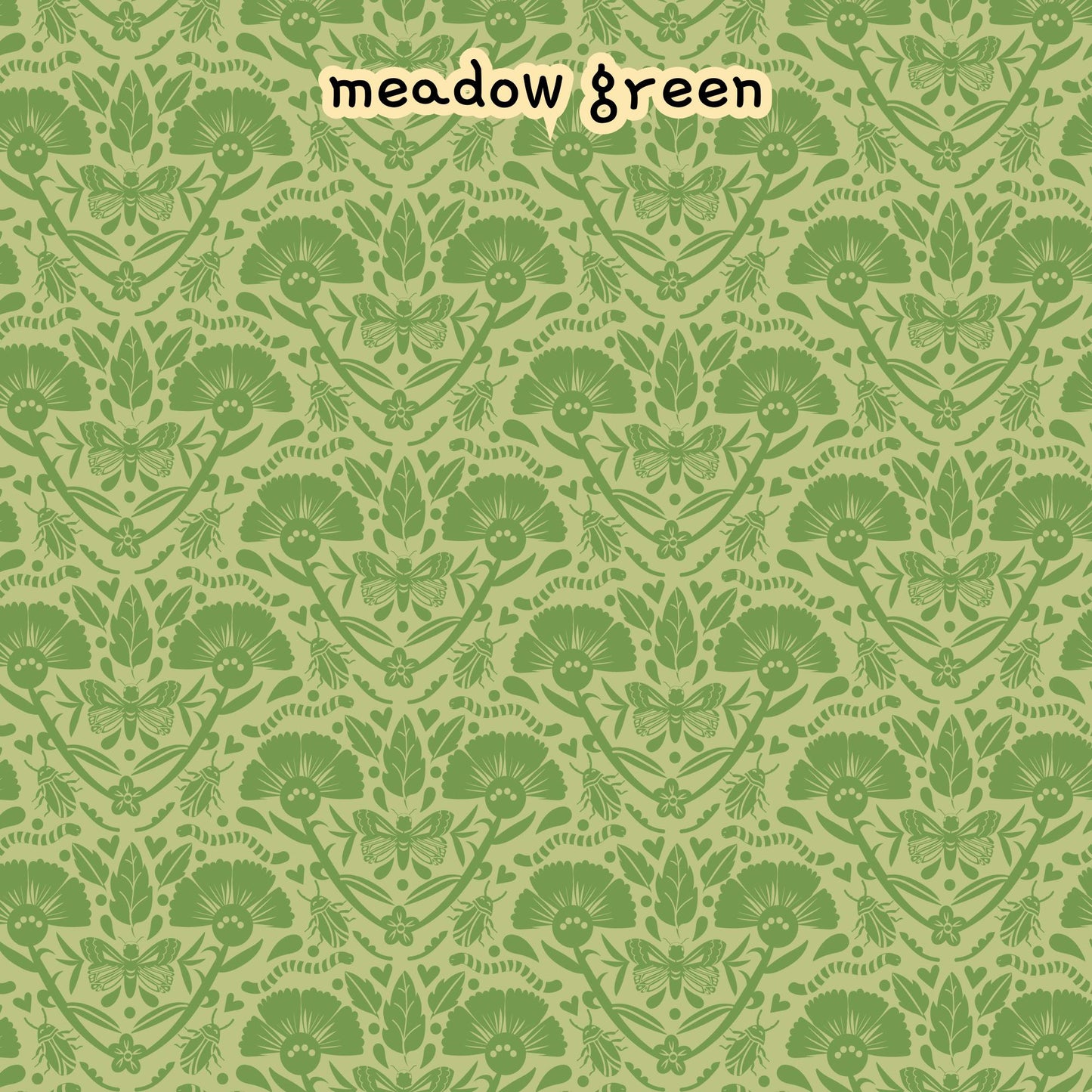 Fabric Collection Love Bugs 100% organic cotton fabric with a pattern in shades of green, featuring stylized flowers, leaves, and insects. The overall aesthetic is reminiscent of vintage botanical illustrations. Quilting, crafts, home decor, apparel sewing