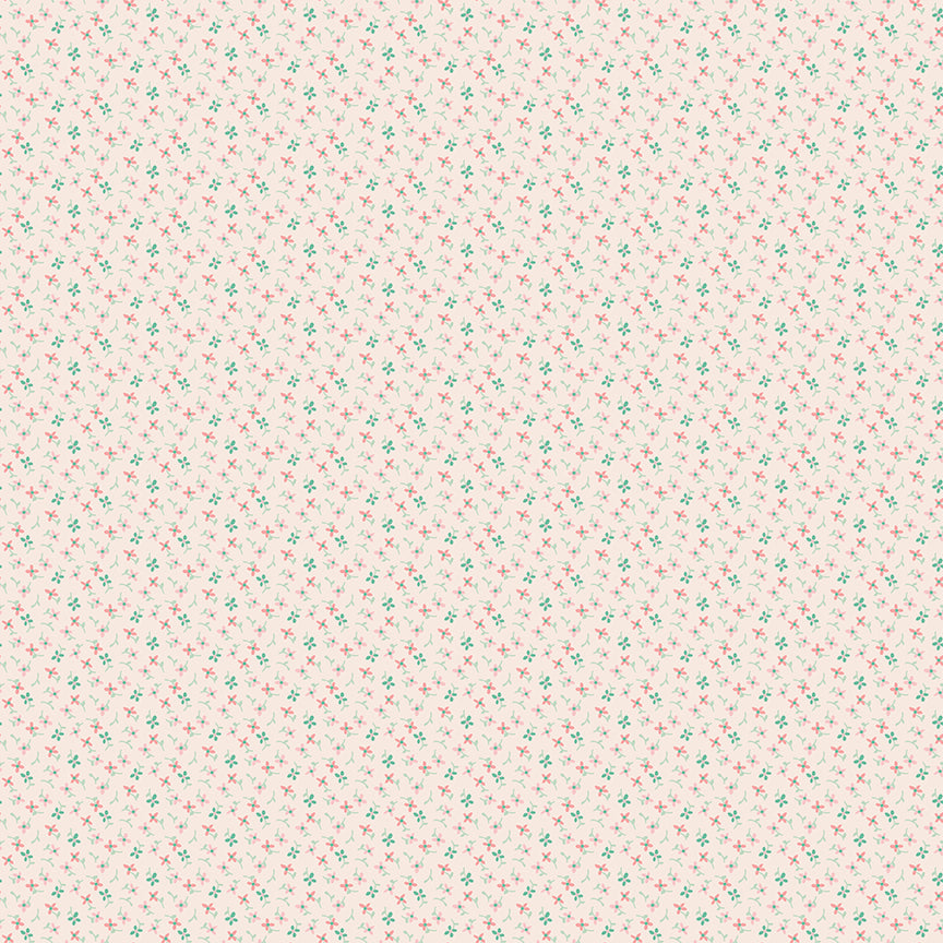 Fabric pattern Wildflowers (Latte): A whimsical, scattered print of wildflower sprigs on a warm latte background. Fabric patterns are from The Berry & Sage fabric collection by Lori Holt for Riley Blake Designs which is a vintage-inspired line characterized by a color palette of coral, tea rose, cherry, alpine, latte, and sage.