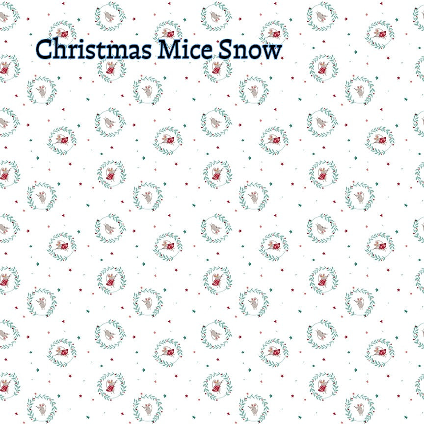 Fabric patterns Christmas Mice in color Snow: A whimsical, repeating pattern highlighting the playful, dressed-up Christmas mice characters, Colors: Midnight, Snow, Sugar from The Nutcracker Tradition fabric collection is designed by Jennifer Long of Sew A Story for Riley Blake Designs. Inspired by the classic Christmas Eve ballet with beloved characters like the Nutcracker, Clara, the Mouse King, and the Sugar Plum Fairy.
