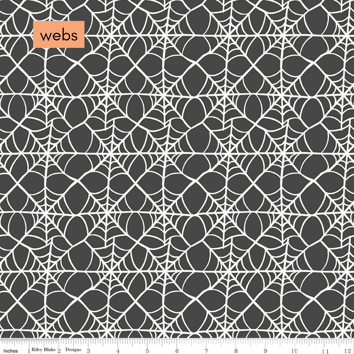Hey Pumpkin Halloween fabric line from Riley Blake Webs Charcoal: A spiderweb print that offers a slightly more subtle, spooky texture.