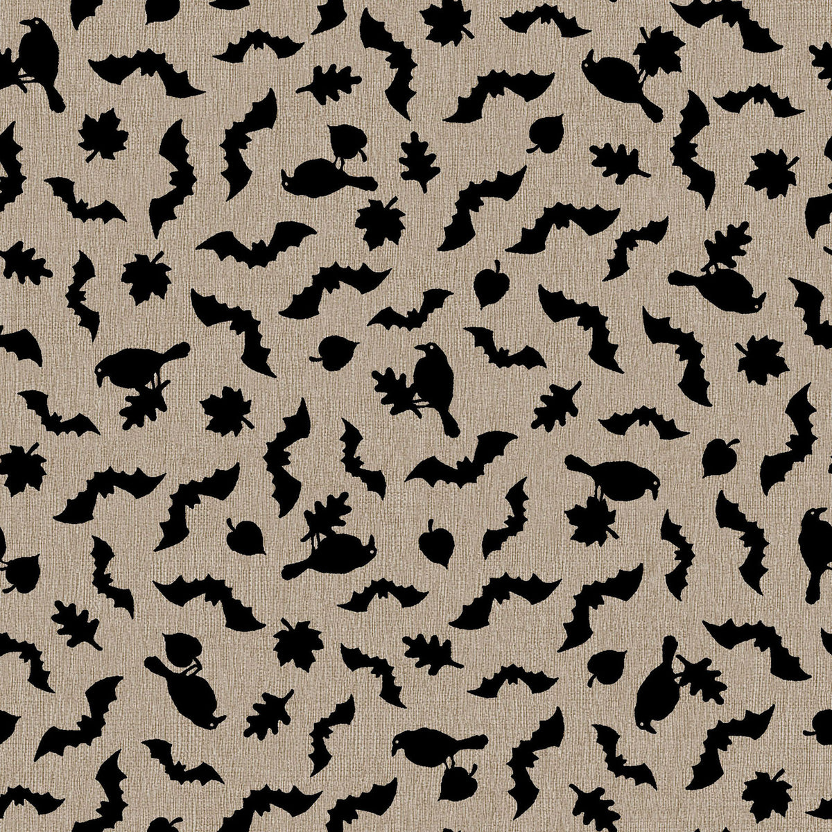 Pattern from the Pumpkin Grove fabric Collection Tonal Bats & Ravens: Scattered jet black ravens, leaves, and bats floating over a heavily textured backdrop. Backgrounds: Available in Warm Gray, Cream, and Tan/Greige. The Collection by Maywood Studio is a rustic, farmhouse-inspired Halloween line featuring sophisticated seasonal palette and includes22 patterns characterized by textured backgrounds and classic spooky motifs