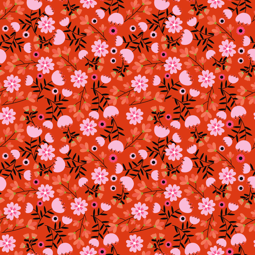 Pattern Pumpkin Pie: A festive print featuring rows of jack-o'-lanterns and stars, Background Colors: Pink, Grey, and Orange. from The Not Scary fabric collection by Jill & Rani for Poppie Cotton celebrates the lighter side of Halloween with a playful, vibrant, and delightfully charming vibe. Featuring a cheerful palette of soft pinks, vivid oranges, gentle greys, and deep greens, the line brings whimsical ghosts, witches, and friendly critters to your seasonal crafts