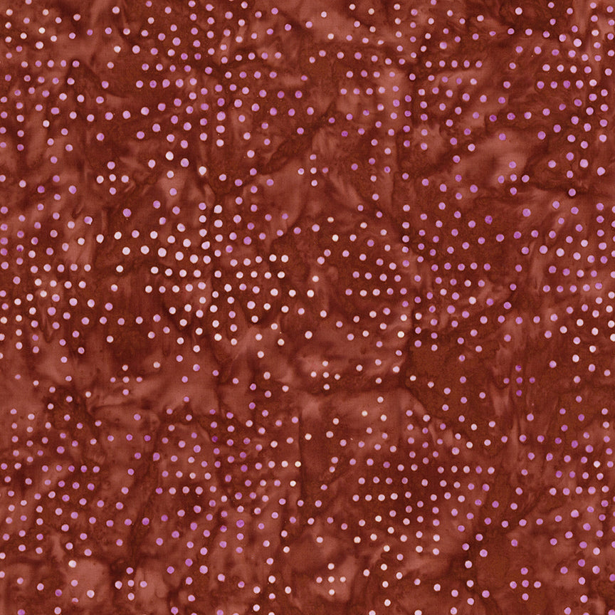 Pattern Cherry chutney from The Expressions Batiks - Ink & Nectar collection by Riley Blake Designs features authentic hand-dyed fabrics with double tjap designs. Known for their sophisticated texture, these cotton and rayon prints incorporate small pops of color over diverse background shades. These patterns frequently combine overlapping organic motifs like florals, leaves, and abstract line work onto these base colors.