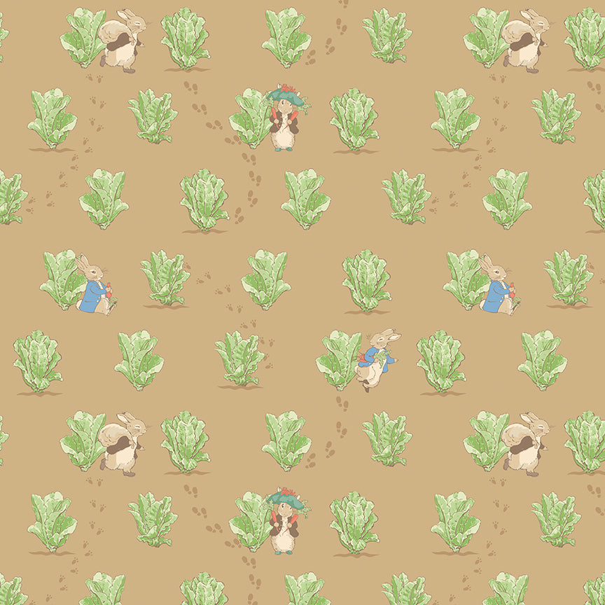 Pattern Lettuce patch Tan from the The Peter Rabbit™ & Benjamin Bunny™ collection for Riley Blake Designs. This print features a floral lattice with Peter Rabbit, Benjamin Bunny, and friends. Official licensed product. BEATRIX POTTER™.