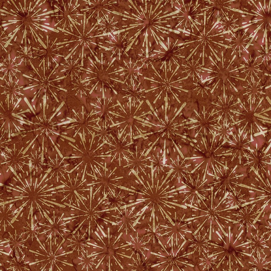 Pattern Rust belt red from The Expressions Batiks - Ink & Nectar collection by Riley Blake Designs features authentic hand-dyed fabrics with double tjap designs. Known for their sophisticated texture, these cotton and rayon prints incorporate small pops of color over diverse background shades. These patterns frequently combine overlapping organic motifs like florals, leaves, and abstract line work onto these base colors.