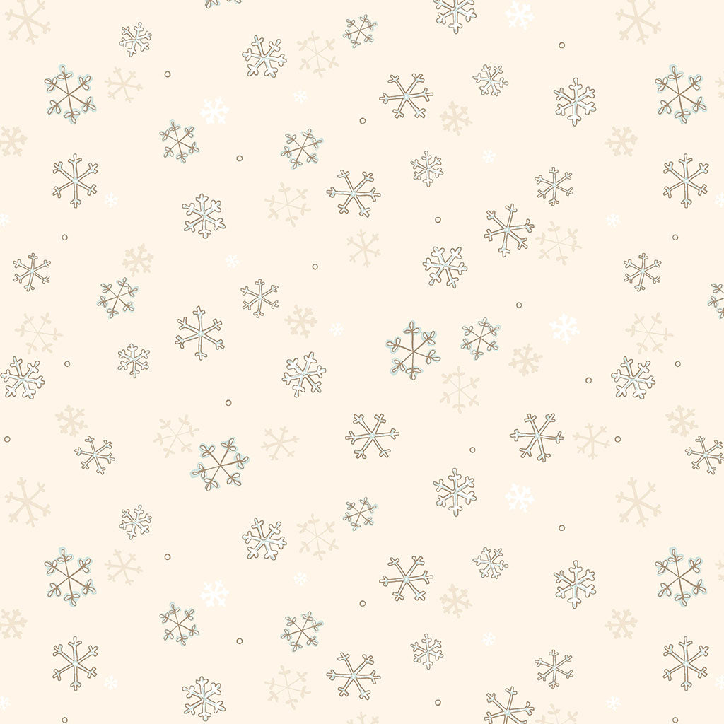 Pattern Snowflakes in colors Cream Teal forest and Red from The Guess How Much I Love You 2026 fabric collection by Anita Jeram for Clothworks Fabrics features a cozy, Christmas-themed holiday twist. It centers around Big Nutbrown Hare and Little Nutbrown Hare. The collection includes holiday motifs like bunny-snowmen, mistletoe, holly, and winter scenes.