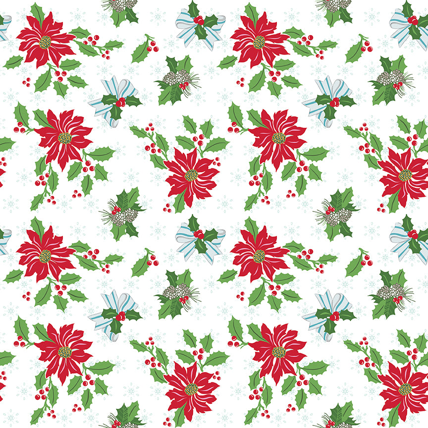 Pattern Florals: A classic, vintage-inspired poinsettia and winter flower with background colors in white, Eggnog, and blue from The Claus & Co. collection by Melissa Mortenson for Riley Blake Designs captures the nostalgic magic of an imagined North Pole. This festive line features whimsical houses, vintage ornaments, poinsettias, and candy canes in a charming storybook color palette.