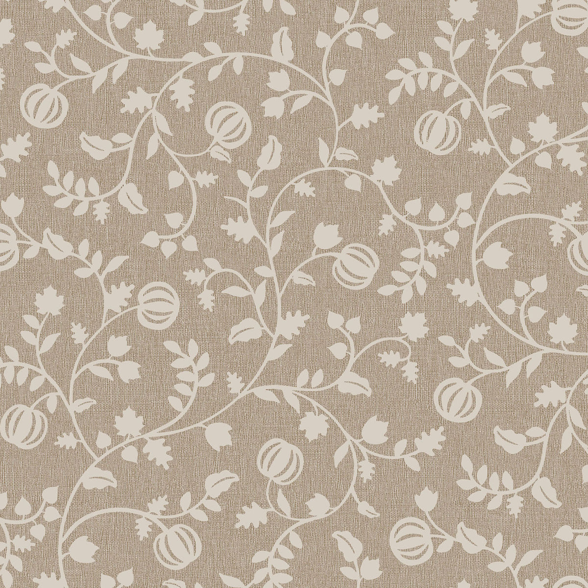 Pattern from the Pumpkin Grove fabric Collection Pumpkin Vine: Twisting vines and leaves intertwining with growing pumpkins. Backgrounds: Available in dark Greige and Orange. The Collection by Maywood Studio is a rustic, farmhouse-inspired Halloween line featuring sophisticated seasonal palette and includes22 patterns characterized by textured backgrounds and classic spooky motifs
