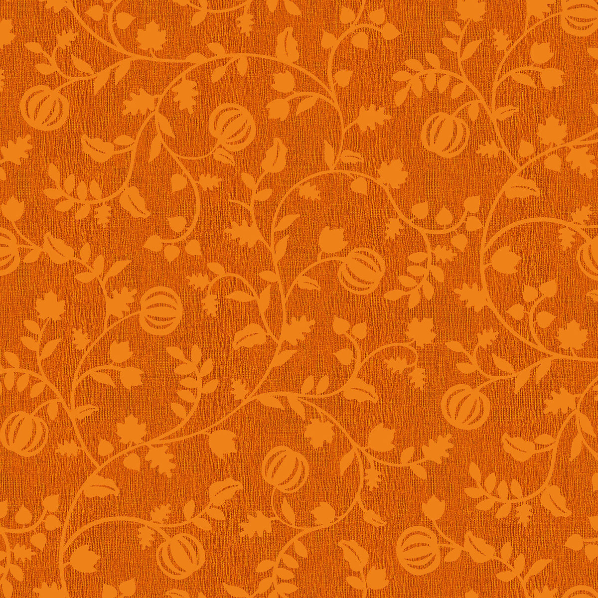 Pattern from the Pumpkin Grove fabric Collection Pumpkin Vine: Twisting vines and leaves intertwining with growing pumpkins. Backgrounds: Available in dark Greige and Orange. The Collection by Maywood Studio is a rustic, farmhouse-inspired Halloween line featuring sophisticated seasonal palette and includes22 patterns characterized by textured backgrounds and classic spooky motifs