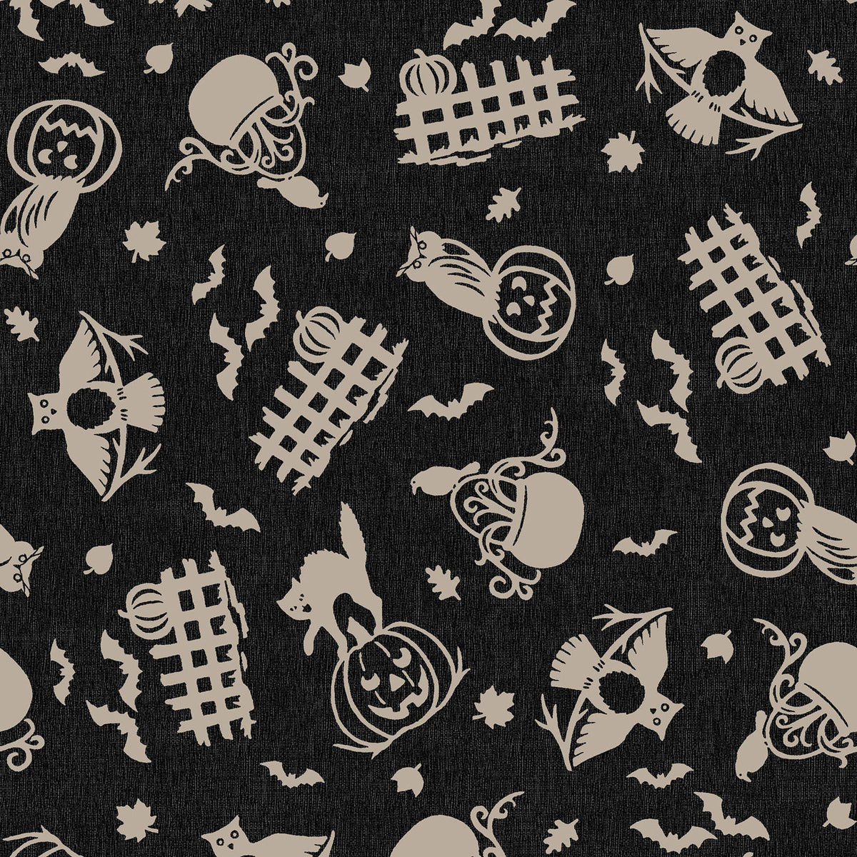 Pattern from the Pumpkin Grove fabric Collection Spooky Fences & Owls: A tossed print depicting silhouetted cats and owls perched on jack-o'-lanterns and decorated picket fences, mixed with floating bats and leaves. Backgrounds: Jet Black/Orange, Cream/Orange. The Collection by Maywood Studio is a rustic, farmhouse-inspired Halloween line featuring sophisticated seasonal palette and includes 22 patterns characterized by textured backgrounds and classic spooky motifs