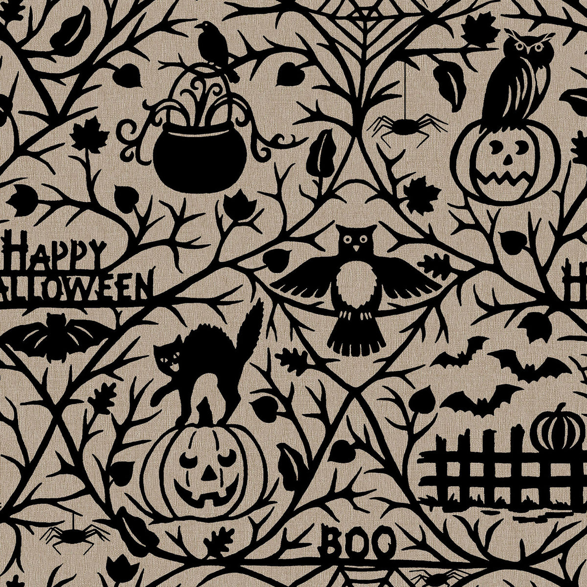 Pattern from the Pumpkin Grove fabric Collection Spooky Pumpkins & Animals: Features branchy vines, leaves, pumpkins, & Halloween animals, with words like "Happy Halloween" & "Boo!" hidden in the design, Backgrounds: in Stone/Tan, Orange, and Black. The Collection by Maywood Studio is a rustic, farmhouse-inspired Halloween line featuring sophisticated seasonal palette of black, cream, orange, tan, and gray. It includes 22 SKUs & is characterized by textured backgrounds and classic spooky motifs