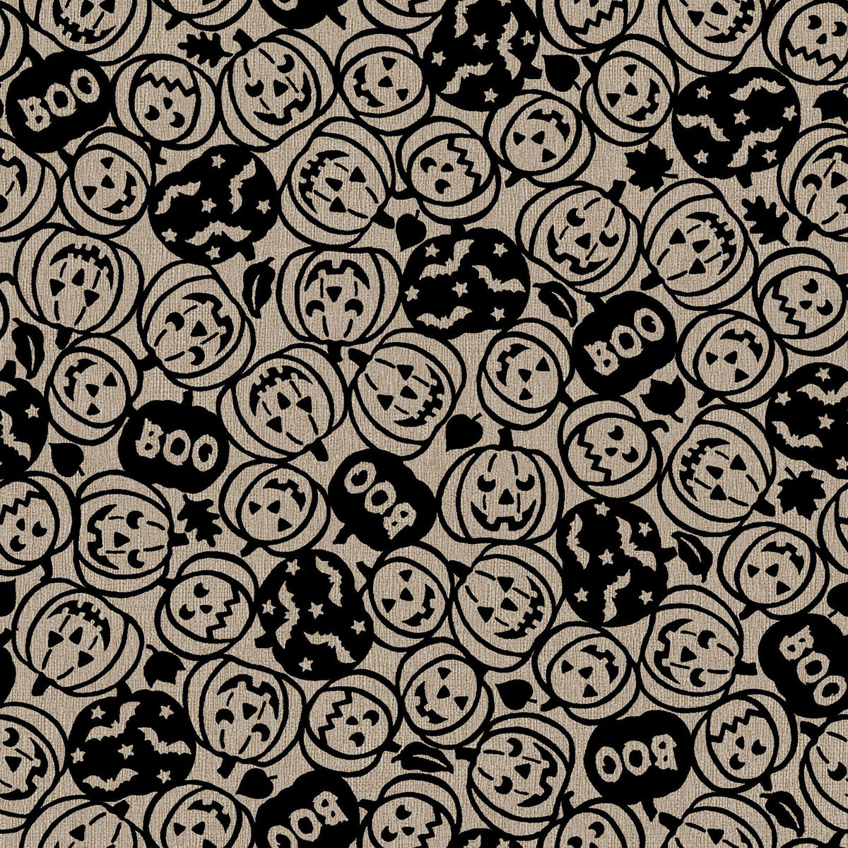 Pattern from the Pumpkin Grove fabric Collection Spooky Pumpkins: design features tossed carved jack-o'-lanterns, the word "boo," and flying bats. Backgrounds are orange, Orange/Black, Tan and Tan/Black. The collection by Maywood Studio is a rustic, farmhouse-inspired Halloween line featuring sophisticated seasonal palette and includes22 patterns characterized by textured backgrounds and classic spooky motifs