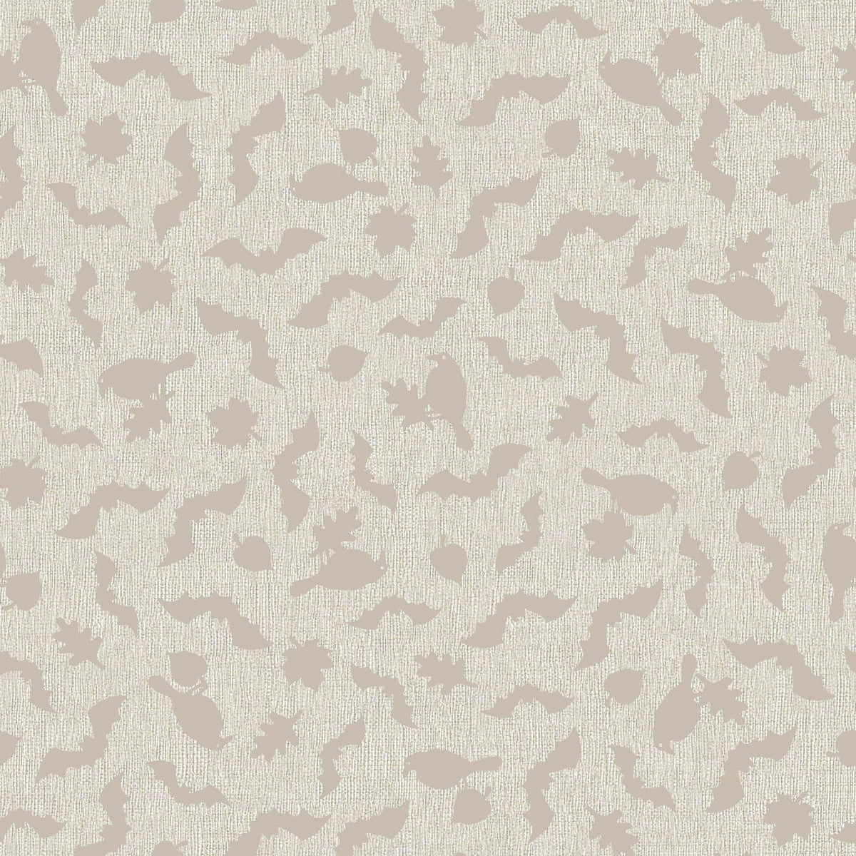 Pattern from the Pumpkin Grove fabric Collection Tonal Bats & Ravens: Scattered jet black ravens, leaves, and bats floating over a heavily textured backdrop. Backgrounds: Available in Warm Gray, Cream, and Tan/Greige. The Collection by Maywood Studio is a rustic, farmhouse-inspired Halloween line featuring sophisticated seasonal palette and includes22 patterns characterized by textured backgrounds and classic spooky motifs