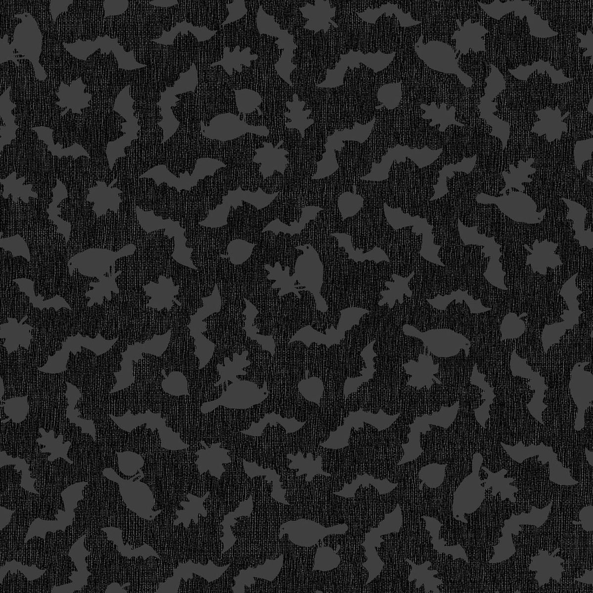 Pattern from the Pumpkin Grove fabric Collection Tonal Bats & Ravens: Scattered jet black ravens, leaves, and bats floating over a heavily textured backdrop. Backgrounds: Available in Warm Gray, Cream, and Tan/Greige. The Collection by Maywood Studio is a rustic, farmhouse-inspired Halloween line featuring sophisticated seasonal palette and includes22 patterns characterized by textured backgrounds and classic spooky motifs