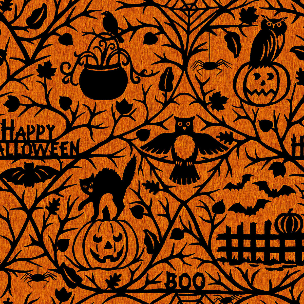 Pattern from the Pumpkin Grove fabric Collection Spooky Pumpkins & Animals: Features branchy vines, leaves, pumpkins, & Halloween animals, with words like "Happy Halloween" & "Boo!" hidden in the design, Backgrounds: in Stone/Tan, Orange, and Black. The Collection by Maywood Studio is a rustic, farmhouse-inspired Halloween line featuring sophisticated seasonal palette of black, cream, orange, tan, and gray. It includes 22 SKUs & is characterized by textured backgrounds and classic spooky motifs