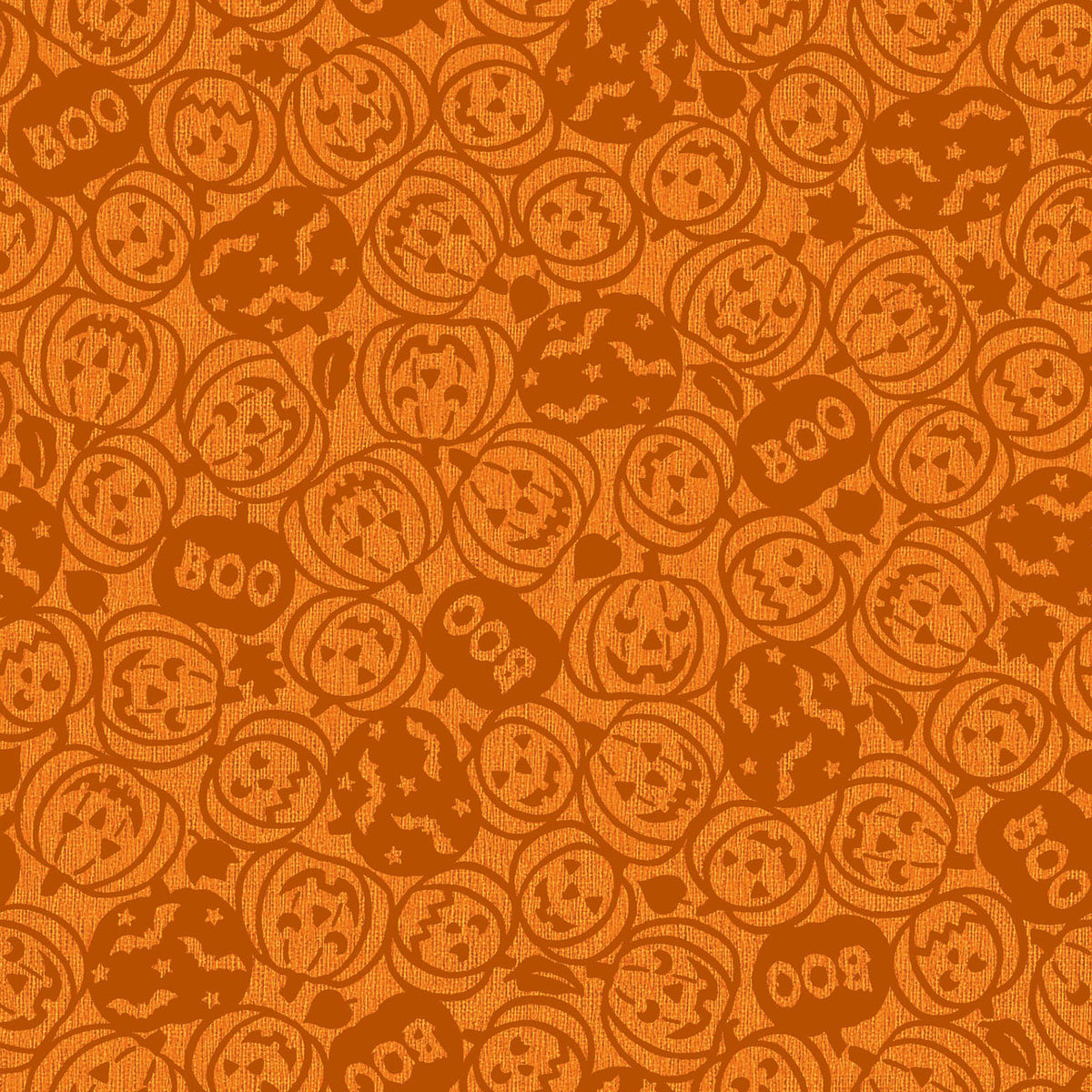 Pattern from the Pumpkin Grove fabric Collection Spooky Pumpkins: design features tossed carved jack-o'-lanterns, the word "boo," and flying bats. Backgrounds are orange, Orange/Black, Tan and Tan/Black. The collection by Maywood Studio is a rustic, farmhouse-inspired Halloween line featuring sophisticated seasonal palette and includes22 patterns characterized by textured backgrounds and classic spooky motifs