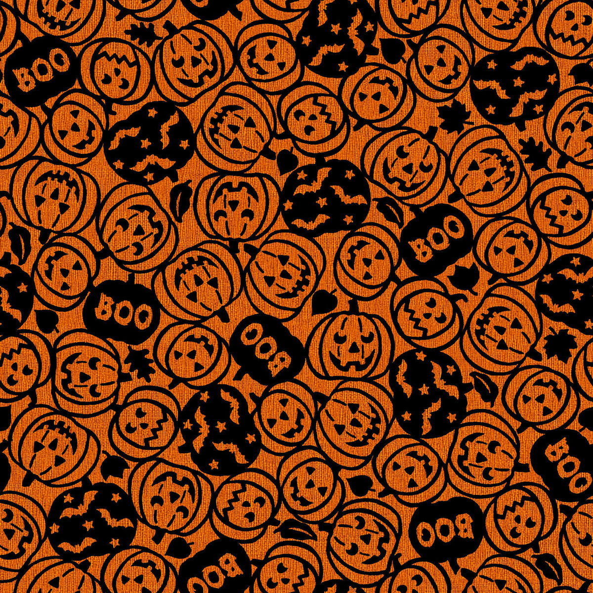Pattern from the Pumpkin Grove fabric Collection Spooky Pumpkins: design features tossed carved jack-o'-lanterns, the word "boo," and flying bats. Backgrounds are orange, Orange/Black, Tan and Tan/Black. The collection by Maywood Studio is a rustic, farmhouse-inspired Halloween line featuring sophisticated seasonal palette and includes22 patterns characterized by textured backgrounds and classic spooky motifs