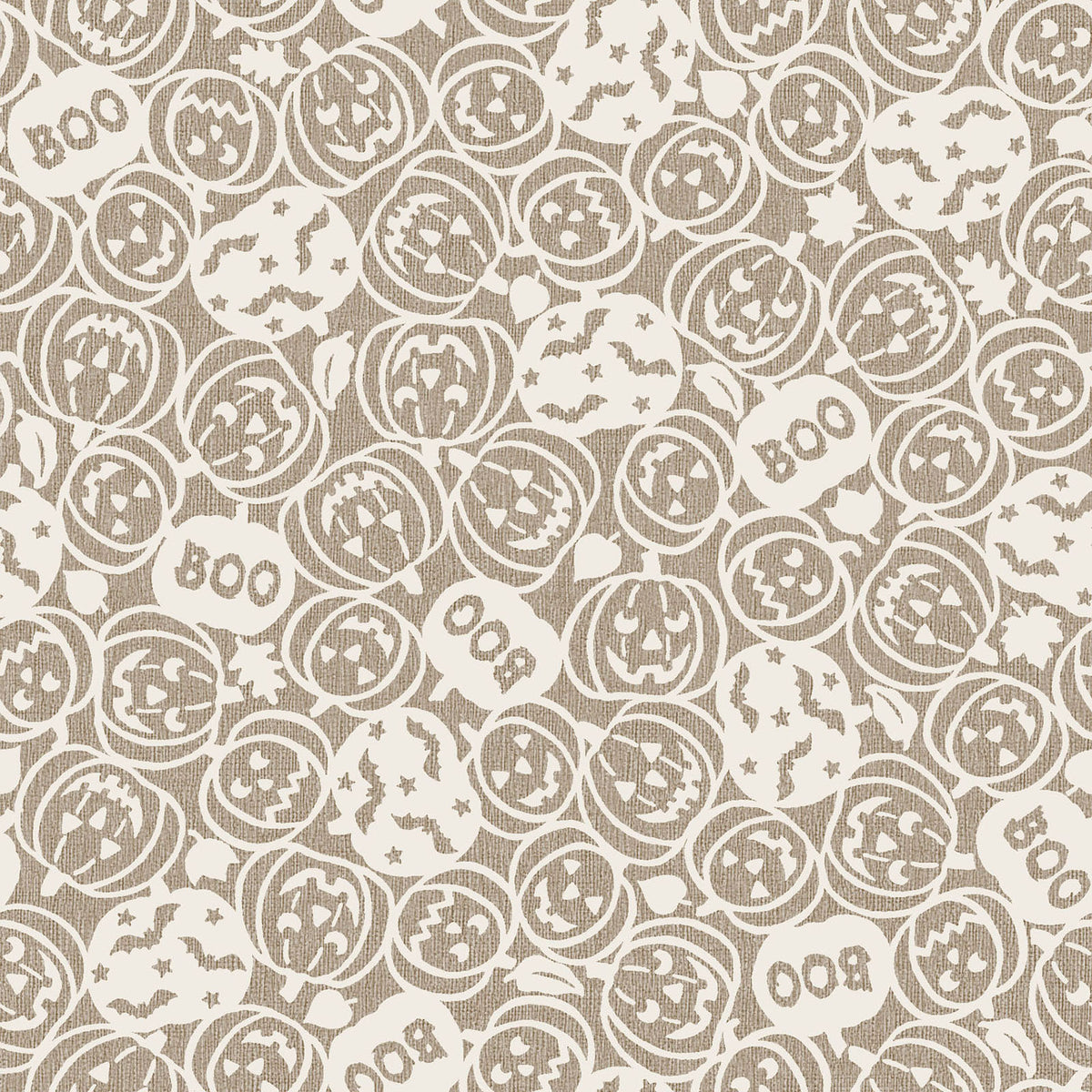 Pattern from the Pumpkin Grove fabric Collection Spooky Pumpkins: design features tossed carved jack-o'-lanterns, the word "boo," and flying bats. Backgrounds are orange, Orange/Black, Tan and Tan/Black. The collection by Maywood Studio is a rustic, farmhouse-inspired Halloween line featuring sophisticated seasonal palette and includes22 patterns characterized by textured backgrounds and classic spooky motifs