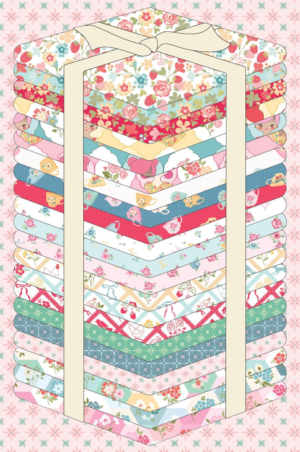The Rosy Cheeks fabric collection by designer Lori Woods for Poppie Cotton is a sweet, romantic line of 100% premium quilting cotton. It features soft pastel hues like pink, cream, gold, red, magenta, and white designed to bring a sense of joy and nostalgia. The prints include tossed roses and flowers paired with charming strawberries, Teacups set over polka dots, tiny mixed bows and roses, and diagonal grids featuring the cutest chickens and flower bouquets. Specialty Patterns include a Hexie cheater cloth