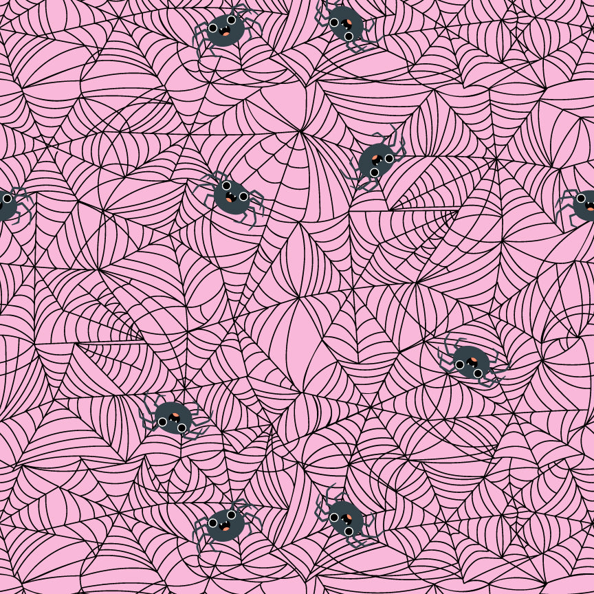 Pattern The Spunky Spidey has charming, cartoonish spiders on delicate spiderwebs all cute rather than creepy. Background Colors: Green, pink and White from The Not Scary fabric collection by Jill & Rani for Poppie Cotton celebrates the lighter side of Halloween with a playful, vibrant, and delightfully charming vibe. Featuring a cheerful palette of soft pinks, vivid oranges, gentle greys, and deep greens, the line brings whimsical ghosts, witches, and friendly critters to your seasonal crafts