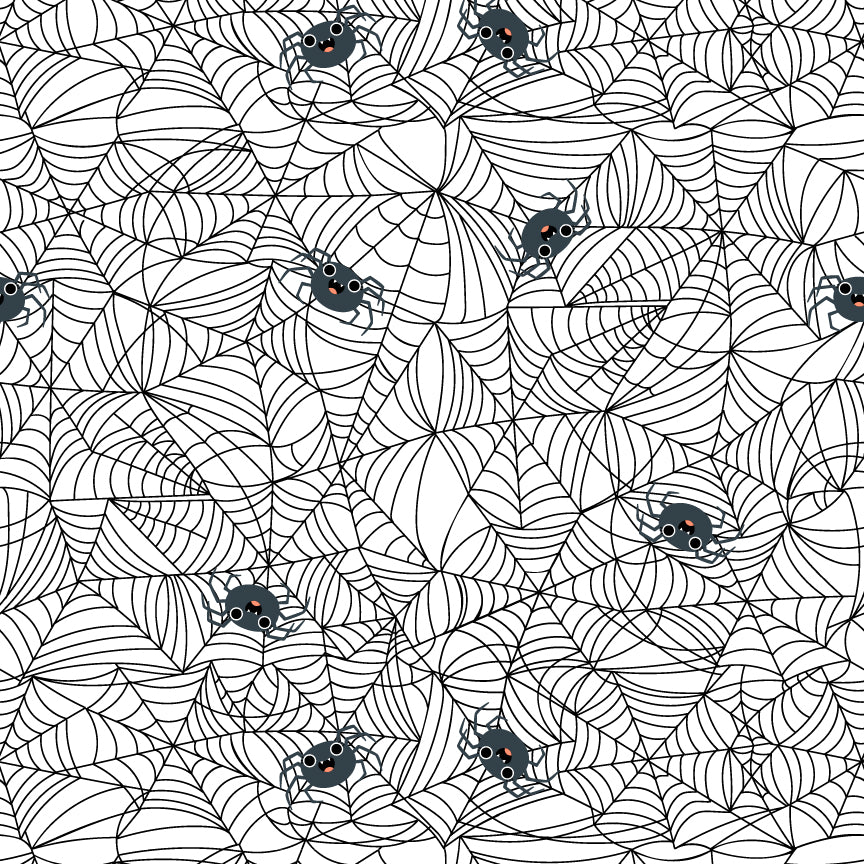 Pattern The Spunky Spidey has charming, cartoonish spiders on delicate spiderwebs all cute rather than creepy. Background Colors: Green, pink and White from The Not Scary fabric collection by Jill & Rani for Poppie Cotton celebrates the lighter side of Halloween with a playful, vibrant, and delightfully charming vibe. Featuring a cheerful palette of soft pinks, vivid oranges, gentle greys, and deep greens, the line brings whimsical ghosts, witches, and friendly critters to your seasonal crafts
