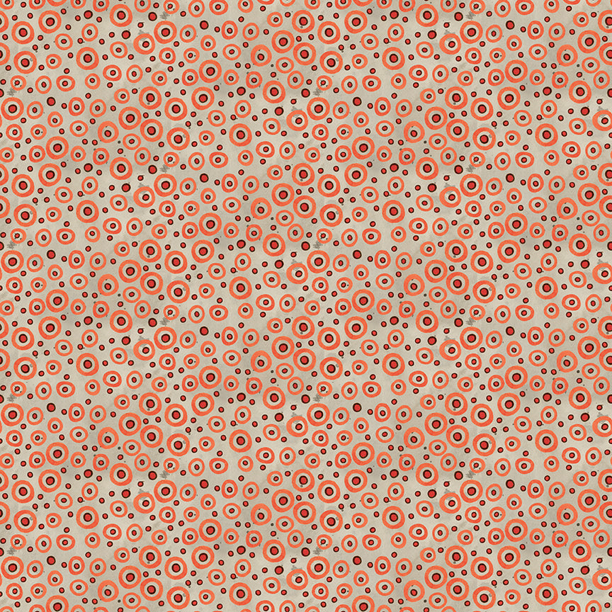 Fabric pattern Spooky Polka Dots (Black, Gray, Rusty Oak): A coordinating small-scale dot print from The Spooky fabric collection by Teresa Kogut for Riley Blake Designs is a whimsical, folk-art-inspired Halloween line featuring ghosts, cats, pumpkins, and a haunted aesthetic in a palette of tombstone gray, rusty oak, green, black, and orange.
