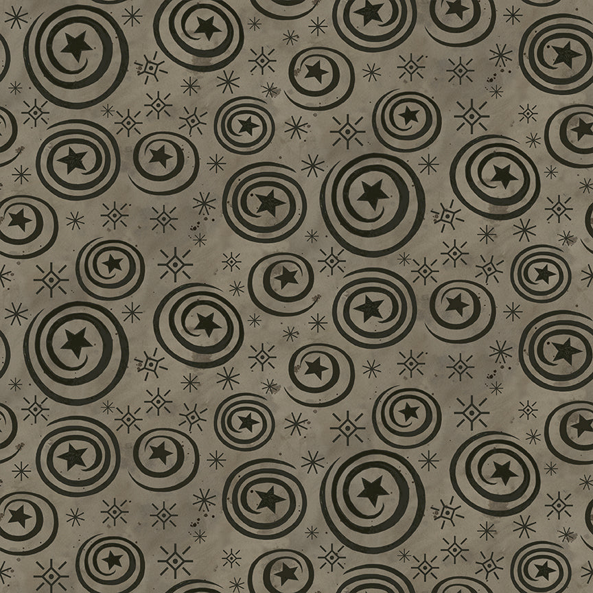 Fabric pattern Spooky Stars and Swirls (Black, Rusty Oak, Tombstone): A textured, conversational print featuring tiny stars and hand-drawn swirls from The Spooky fabric collection by Teresa Kogut for Riley Blake Designs is a whimsical, folk-art-inspired Halloween line featuring ghosts, cats, pumpkins, and a haunted aesthetic in a palette of tombstone gray, rusty oak, green, black, and orange.