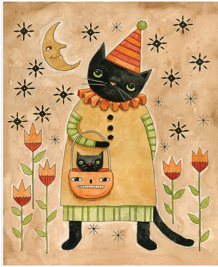 The Spooky Fabric panel features a whimsical cat in a festive outfit, surrounded by stars, flowers, and a smiling moon. The Spooky fabric collection by Teresa Kogut for Riley Blake Designs is a whimsical, folk-art-inspired Halloween line featuring ghosts, cats, pumpkins, and a haunted aesthetic in a palette of tombstone gray, rusty oak, green, black, and orange.
In this listing your can purchase the Spooky Panel along with the 10" precuts to create the perfect Spoooooky Quilt!