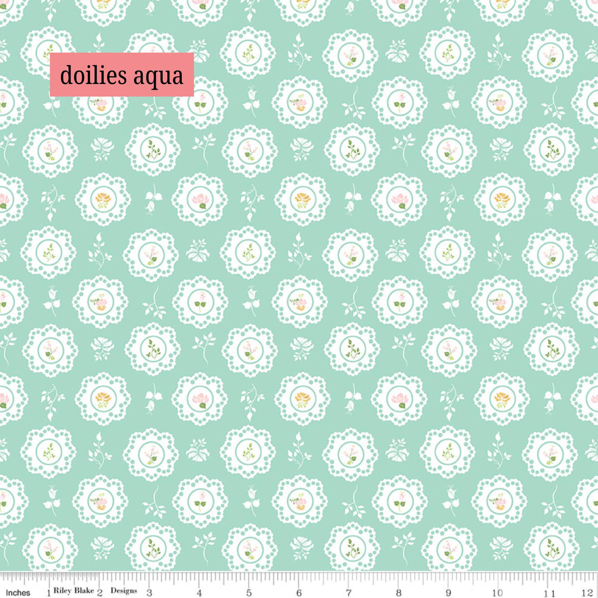 Fabric Pattern Doilies (Pink & Aqua): A charming, vintage-inspired lace doily pattern layered with subtle, small floral details. The Summer Skies and Fireflies Collection by Gracey Larson for Riley Blake Designs is inspired by nostalgic, warm summer evenings. The fabric line captures the charm of twinkling stars, picnic lunches, and fireflies dancing at dusk