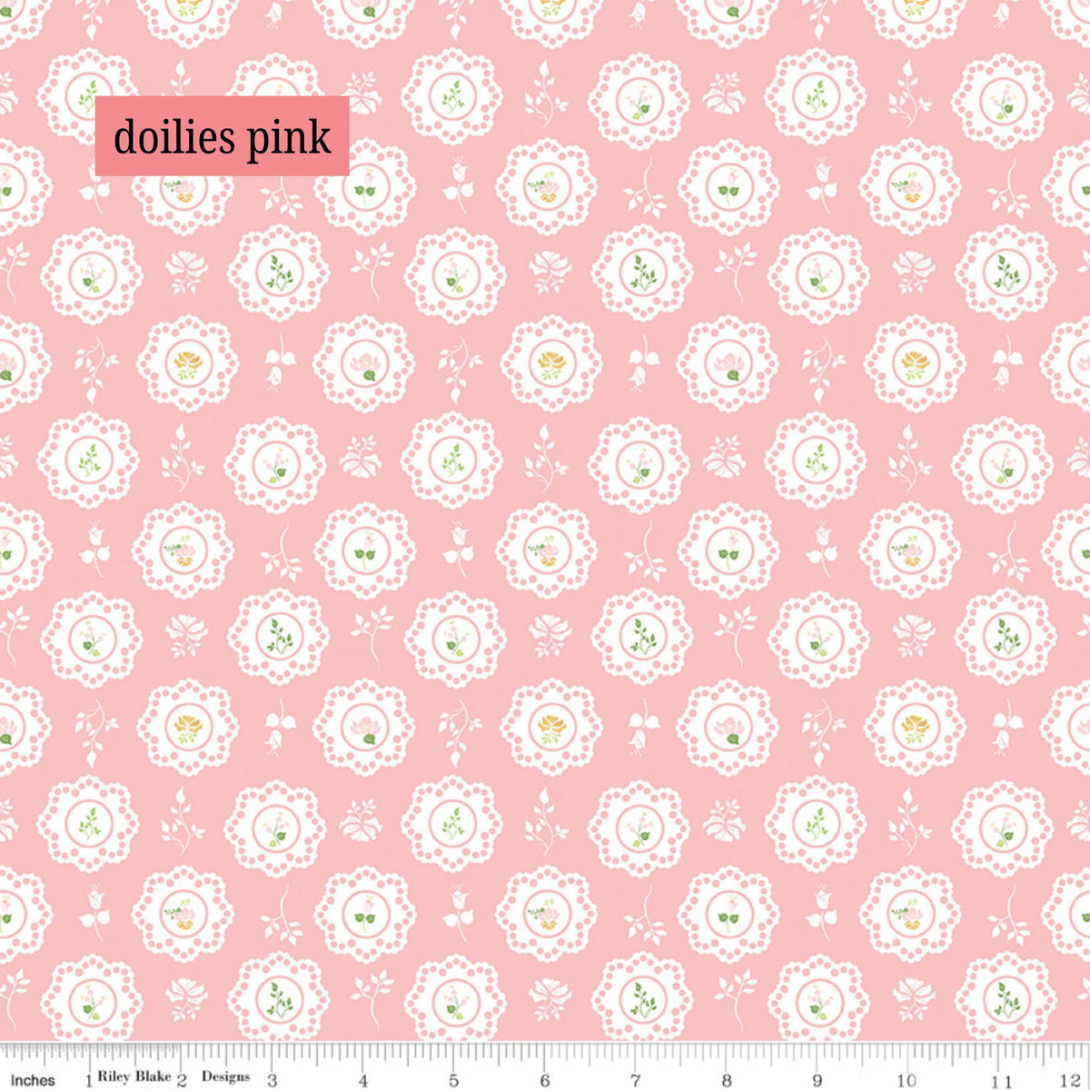Fabric Pattern Doilies (Pink & Aqua): A charming, vintage-inspired lace doily pattern layered with subtle, small floral details. The Summer Skies and Fireflies Collection by Gracey Larson for Riley Blake Designs is inspired by nostalgic, warm summer evenings. The fabric line captures the charm of twinkling stars, picnic lunches, and fireflies dancing at dusk