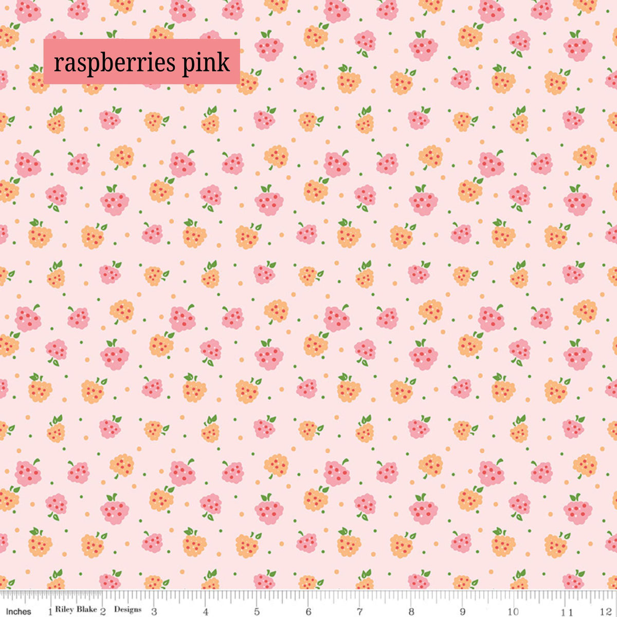 Fabric Pattern Raspberries (Pink & Orange): A fruity, sweet pattern showcasing cascading raspberry clusters mixed with playful polka dots. The Summer Skies and Fireflies Collection by Gracey Larson for Riley Blake Designs is inspired by nostalgic, warm summer evenings. The fabric line captures the charm of twinkling stars, picnic lunches, and fireflies dancing at dusk