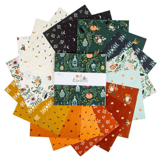 10" Precut Squares from The Apothecary fabric collection, designed by Amber Elliot of Alderwood Studio for Riley Blake Designs, is a whimsical, "witchy" fall collection inspired by vintage apothecary shops. The collection features a moody, seasonal palette including deep teal, mint, rust, gold, cream, and midnight, with patterns focusing on botanical, celestial, and autumn themes.
