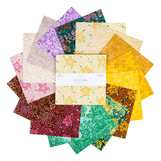 The Expressions Batiks - Ink & Nectar collection by Riley Blake Designs features authentic hand-dyed fabrics with double tjap designs. Known for their sophisticated texture, these cotton and rayon prints incorporate small pops of color over diverse background shades. These patterns frequently combine overlapping organic motifs like florals, leaves, and abstract line work onto these base colors.