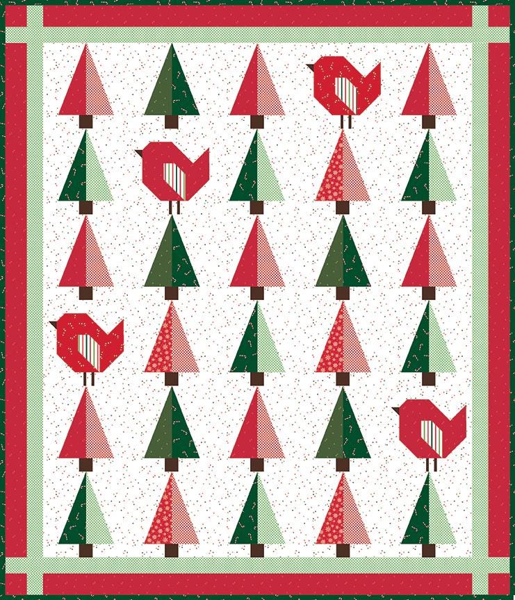The Perch & Pine Quilt by Christopher Thompson for Bluebird Patterns is a charming, nature‑inspired design featuring pieced birds and pine trees, available in multiple size options with full instructions The pattern combines pieced bird motifs depicted in various poses and colors with stylized pine trees. The birds are arranged in a balanced, scenic composition, often perched on branches or in the open, creating a whimsical, woodland feel. The pine trees are rendered in a pieced, geometric style, adding