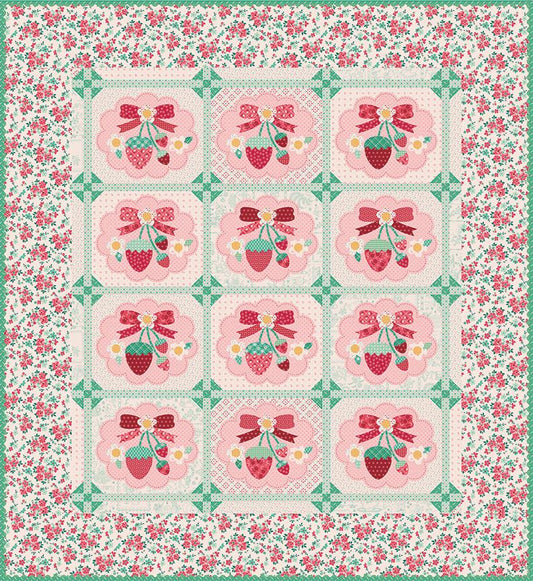 The Strawberry Crush Sew Along Quilt Kit includes the Strawberry Crush Sew Simple Shapes™ and fabric for quilt top and binding. Backing not included. Fabric featured is Berry & Sage by Lori Holt of Bee in my Bonnet. Pattern is also by Lori Holt. Finished size is 66 1/2" x 73 1/2".
Kit comes in a strawberry-shaped box. Box size is approximately 13 1/2" x 11 3/4" x 3 1/4".
The Sew Along Guide is included in the kit but you can also go to Lori Holt's blog A Bee in my Bonnet.