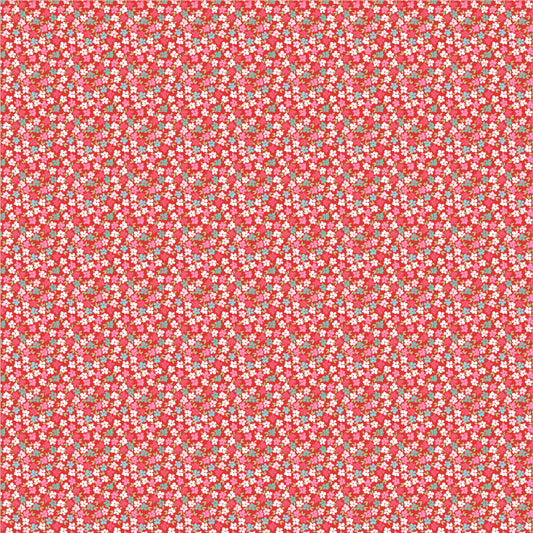 fabric pattern Wild Phlox: A beautiful, flirty floral design. Available in Aqua, Pink, and Red colorways from the The Smitten Chicken collection by Lori Woods for Poppie Cotton is a cheerful, countryside-inspired fabric line. It features a lively color palette of red, pink, aqua, and white. It is ideal for quilts, kitchen projects, tea towels, and aprons